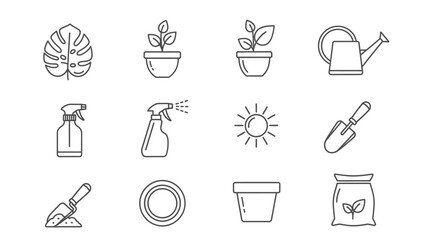 Collection of line art illustrations featuring various gardening tools and plant-related elements.