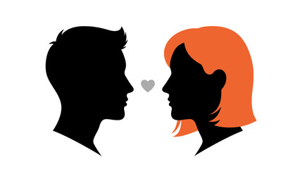 Silhouettes of a man and woman facing each other with a heart between them.