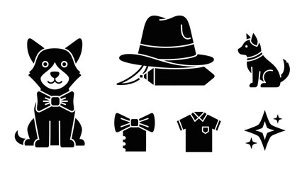 Collection of black and white icons featuring dogs, hats, and clothing.