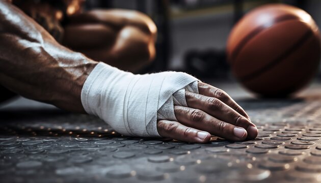 Athlete's bandaged hand on the floor after a challenging workout