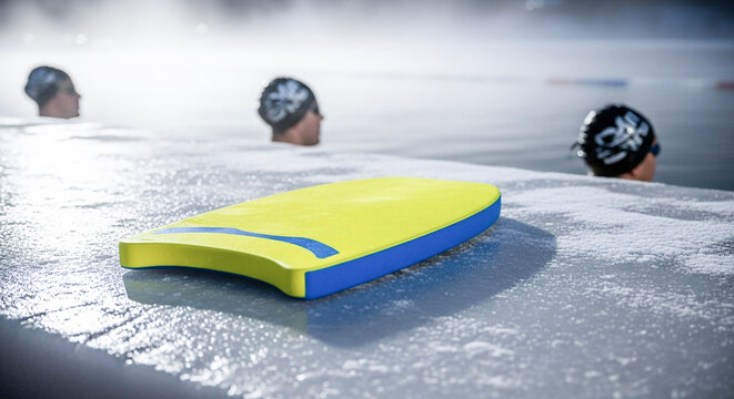 Swimming kickboard placed on icy surface with swimmers in background  