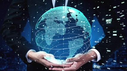 A businessman holds a transparent globe surrounded by data overlays, symbolizing global connectivity and advanced analytics in a digital age rich in innovation. Xenic - Powered by Adobe