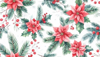 Watercolor Christmas Poinsettia Holly Berry Pine Branch Seamless Pattern Festive Holiday Design.