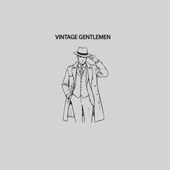 Minimalist line art of vintage man in fedora hat overcoat and suit with confident pose and classic style
