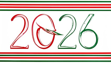 Artistic representation of the year 2026 with red and green brush strokes and stripes.