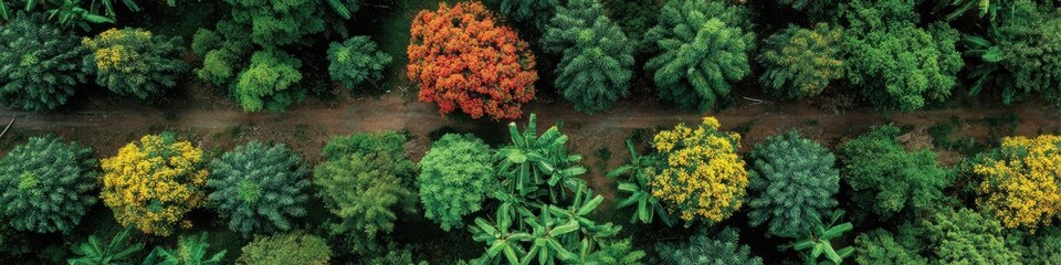 Aerial view of tropical fruit orchard showcasing neatly planted mango papaya and banana trees in rich soil under a sunny sky, promising a bountiful harvest.