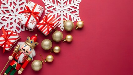 Top view of festive christmas composition with nutcracker figure, wrapped gift box, golden bauble ornament, and white snowflake decoration on red background with copy space