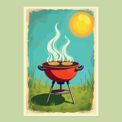 Happy Summer BBQ Poster Illustration with Grill, Food Icons and Bright Colors