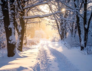 Snowy path leads through a bright, sunlit winter forest