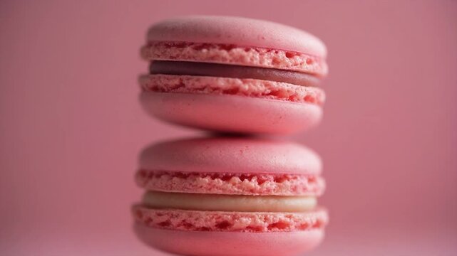 Two perfectly stacked pink macarons with creamy fillings against a matching pastel background, showcasing a delightful sweet treat.
