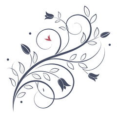 Dark Blue Floral Swirls with Red Bird on White Background