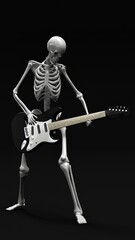 Skeleton Enthusiastically Playing Electric Guitar Against Dark Background Creating Humorous Lively Scene with Rock Vibe and Playful Contrast Between Bones and Musical Performance