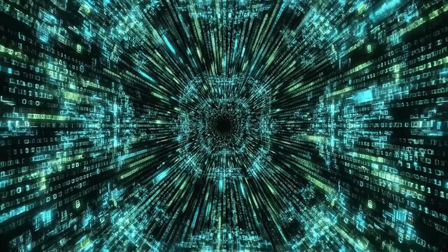 Seamlessly looping digital data matrix rapidly expands outwards across a dark background creating complex geometric patterns technology, growth, modern