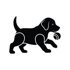 Playful black puppy dog silhouette playing ball vector icon