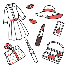 Fashion and beauty items doodle with coral accents