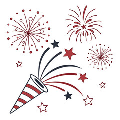 Festive fireworks and party popper on white background