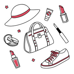 Fashion beauty items doodles lipstick hat bag shoe