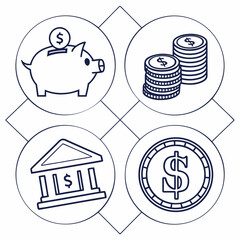 Finance banking icons piggy bank coins bank building dollar