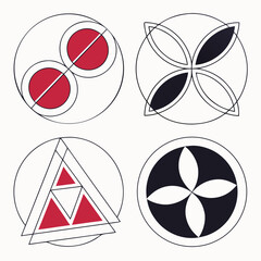 Four abstract geometric shapes with red and dark blue