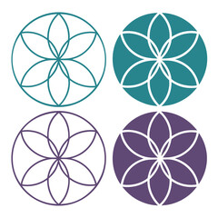 Four abstract geometric floral shapes in teal and purple