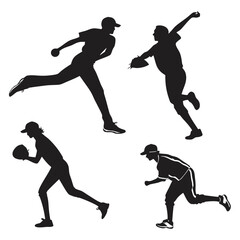 Four black baseball player silhouettes in action sport