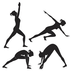 Four black female yoga pose silhouettes on white background