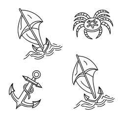 Four black line vector nautical and sea creature icons