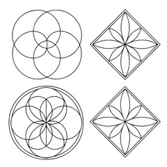 Four black outline geometric shapes on white background