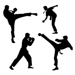 Four black silhouettes of martial artists in action poses