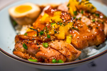 A bowl of delicious and fragrant Japanese teriyaki chicken leg rice