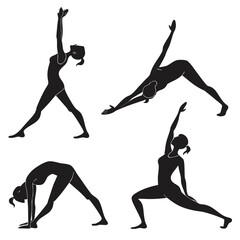 Four black yoga pose silhouettes on white background 1