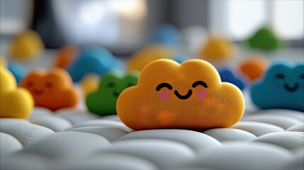 A close-up shot of a smiling cloud toy on a white surface, surrounded by other colorful cloud toys. The lighting is soft and the mood is cheerful.