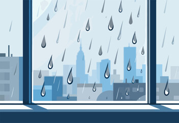 A rainy cityscape viewed through a window with falling raindrops.  The color palette is blue