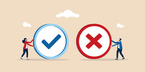 Business people making a choice between a check mark and a cross mark