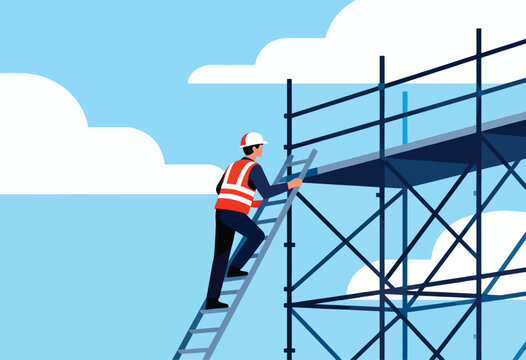 An illustration depicting a construction worker climbing a ladder towards a scaffolding, set against a cloudy blue sky