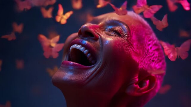 A joyful woman radiates happiness as she laughs, surrounded by vibrant butterflies, capturing the essence of joy, freedom, and transformation in a beautifully lit moment.