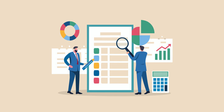 Businessmen analyzing financial charts and data on a large document