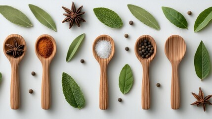 Overhead shot of various spices and herbs arranged on a white surface, including wooden spoons, star anise, sage leaves, peppercorns, and salt.