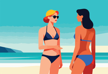 Fototapeta premium Two women in swimsuits stand on a beach, facing each other, with sea, sand and mountains in the background