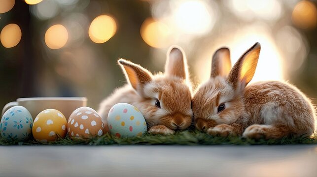 Two fluffy brown bunnies resting on green grass with decorated Easter eggs and a blurred background of bokeh lights.