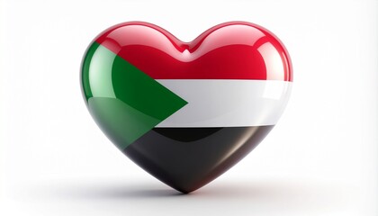 Brilliant 3D heart displaying the national flag of Sudan with glossy reflections, celebrating patriotism and love