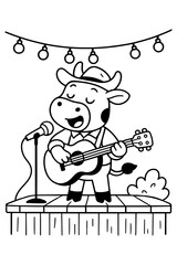 Cartoon Cow Playing Guitar and Singing on Stage with Microphone and Lights