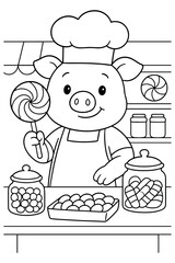 Cartoon Pig Chef Holding Lollipop Surrounded by Candy Jars and Baked Goods