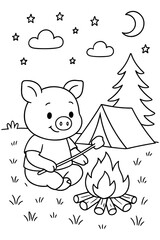 Cute Pig Roasting Marshmallows Over Campfire Under Moon and Stars