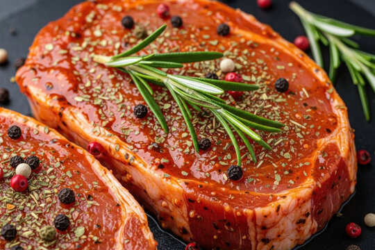Close up shot of two glistening marinated raw pork steaks - Powered by Adobe