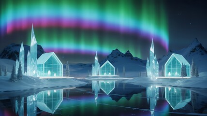 Crystal-like arctic houses and ice towers reflecting in frozen waters beneath vibrant northern lights in a magical winter mountain landscape
