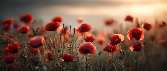 Obraz premium Delicate Red Poppies in a Field Bathed in Soft Evening Sunlight and Bokeh flower field nature