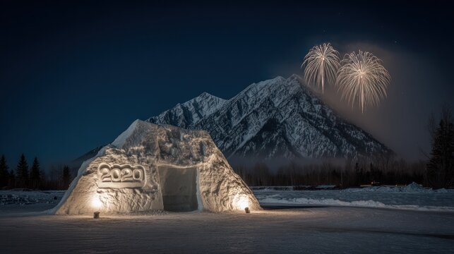 Snow Igloo with Year 2020 Carved in Ice Under Night Sky with Fireworks Over Mountain - Powered by Adobe