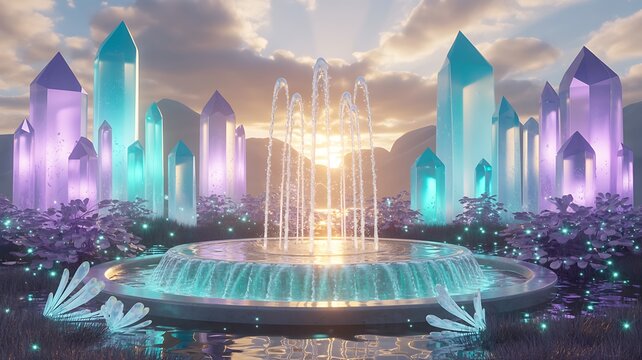 Fantasy crystal garden with glowing pastel towers and magical fountain illuminated by sparkling light at sunset in an enchanted landscape