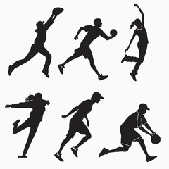 Six black sports action silhouettes on white background